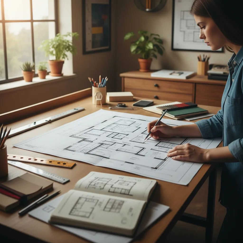 Estudiante analizando distribución de muebles en plano de vivienda