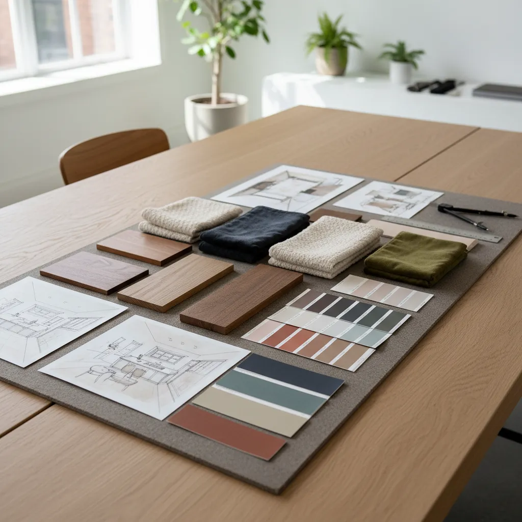 Mesa con muestras de materiales, paletas de color y bocetos de diseño interior