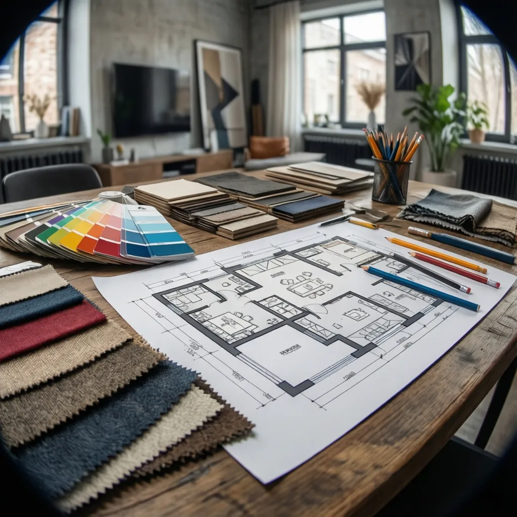 Esquema de diseño de interiores con paletas de color, muestras de materiales y plano de habitación