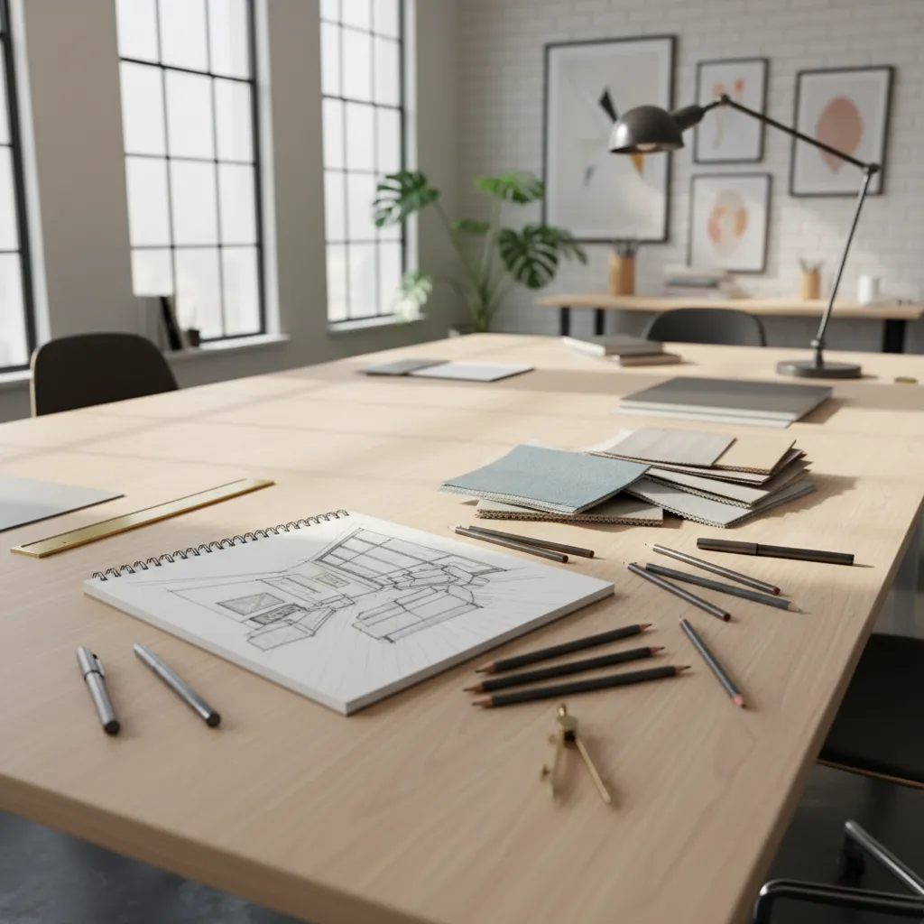 Bocetos y dibujos de diseño de interiores sobre una mesa de trabajo