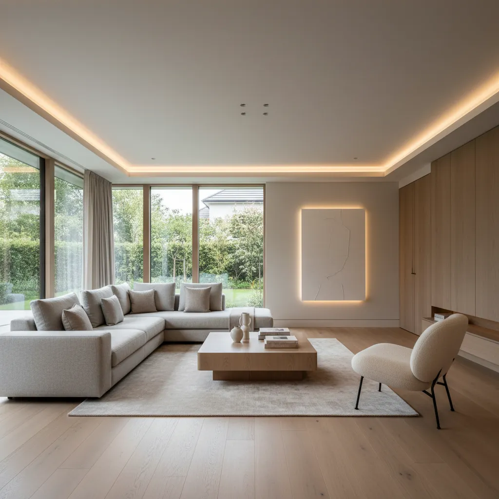 Minimalist living room with grey sofa wood floor coffee table and warm recessed ceiling light
