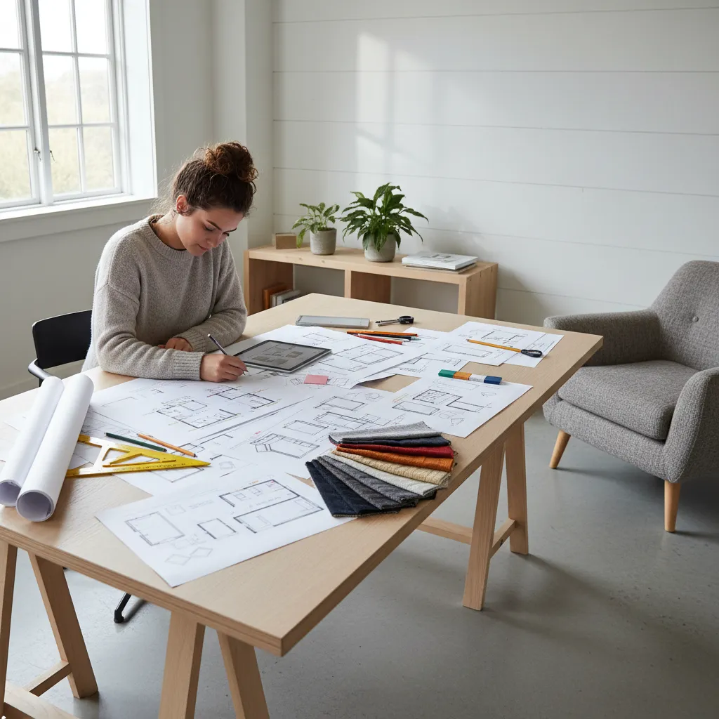 Estudiante aprendiendo fundamentos de diseño de interiores con planos y muestras