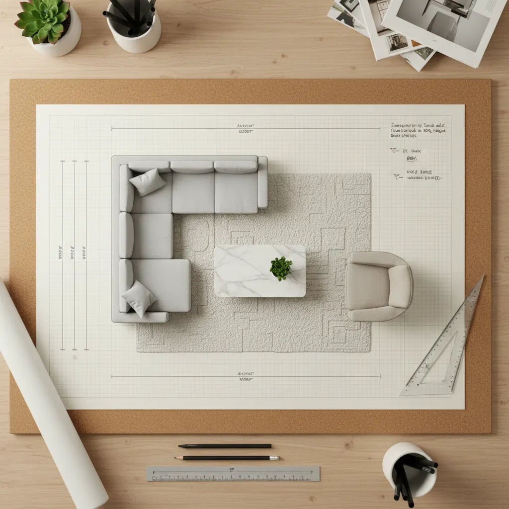 Plano de sala de estar con distribución de muebles marcada