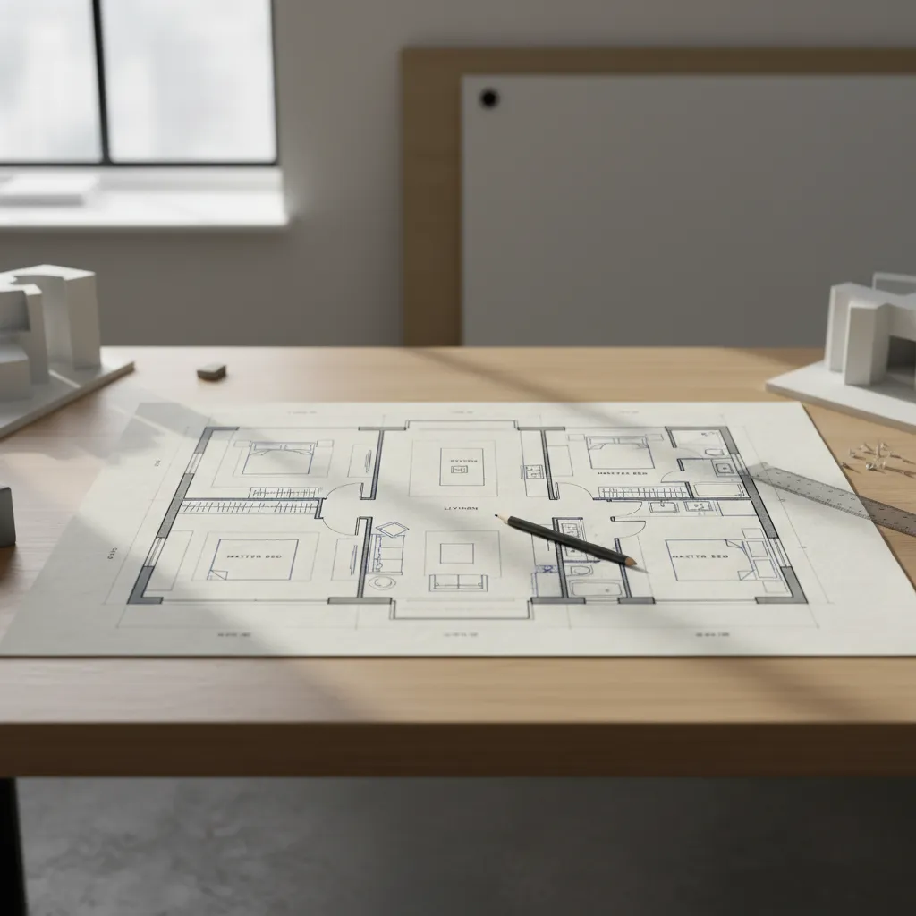 Paper floor plan on wooden desk with black pencil ruler and small white house model