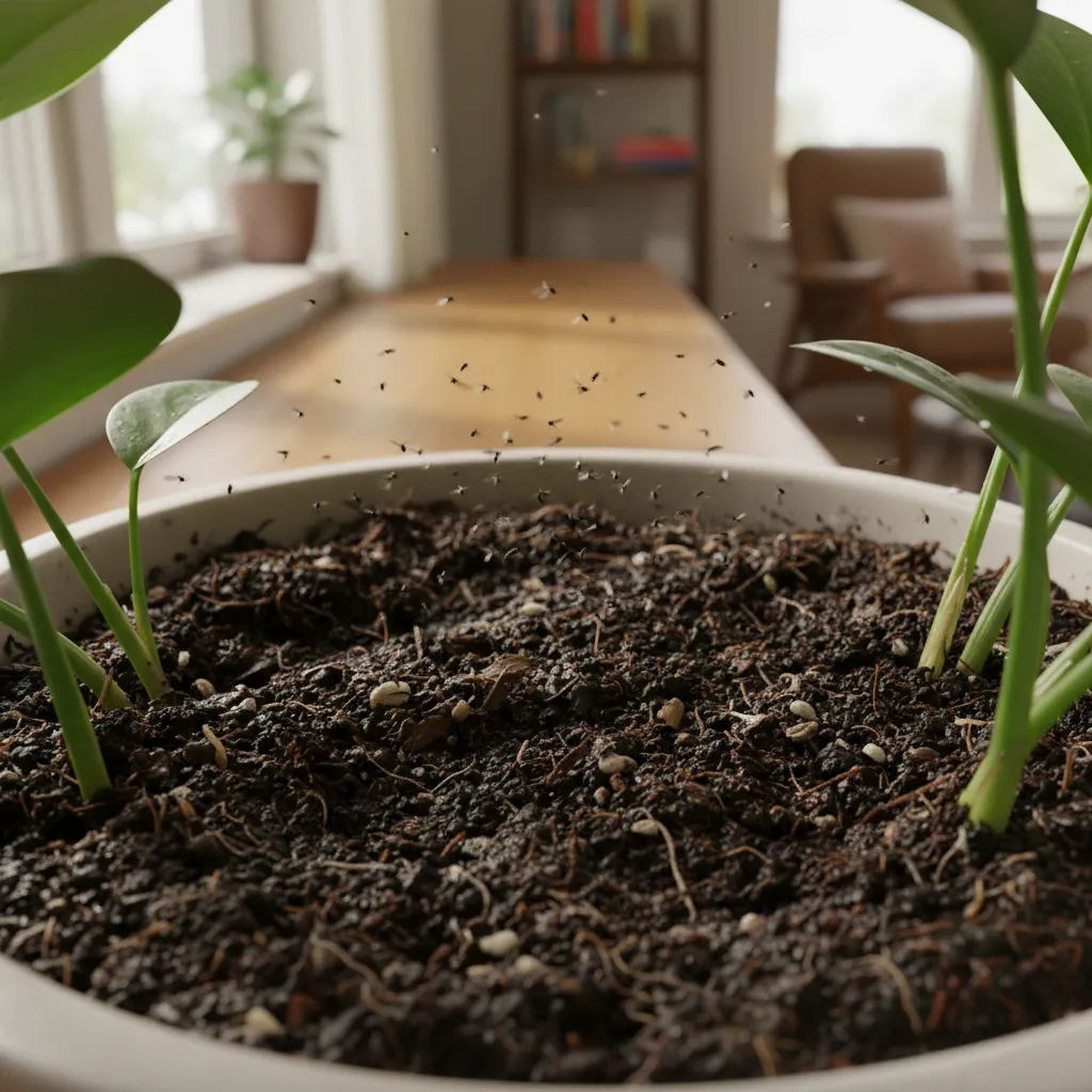 Small black fungus gnats flying around moist soil of an indoor potted plant