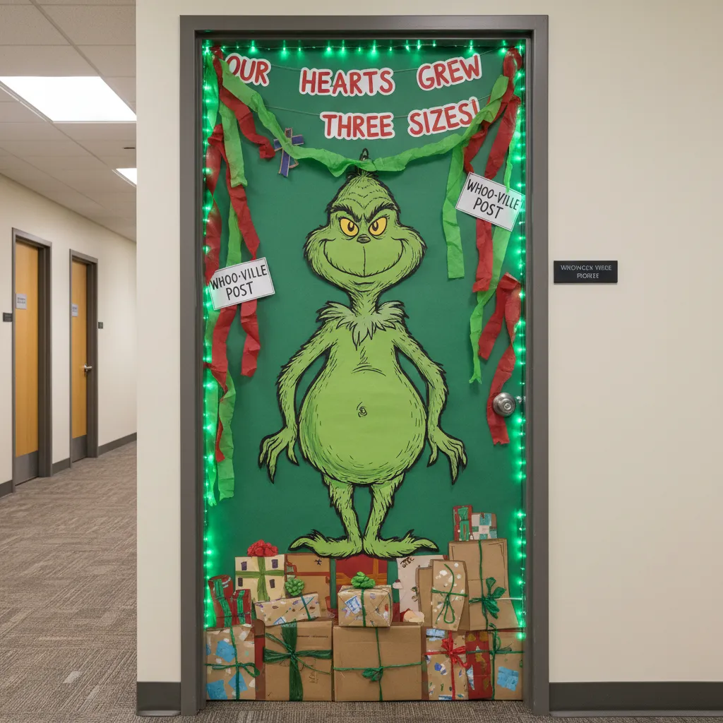 Funny office door Christmas decoration featuring a playful Grinch themed design