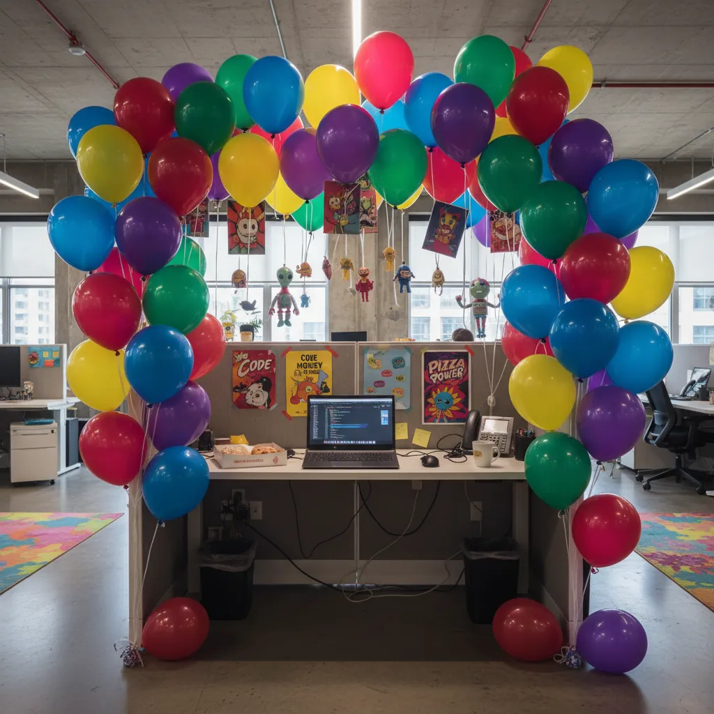 funny office cubicle birthday decorations with balloons and meme posters