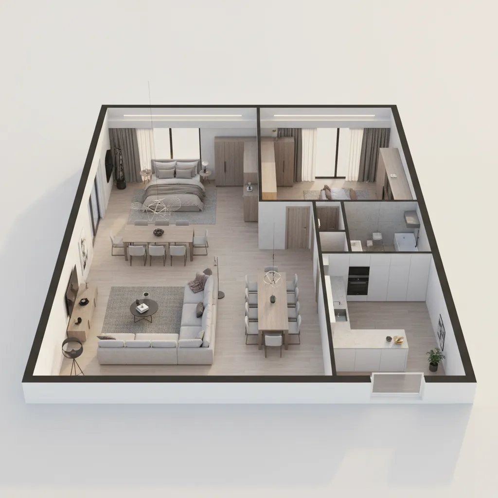 furnished 3D floor plan showing furniture scale inside a residential property layout