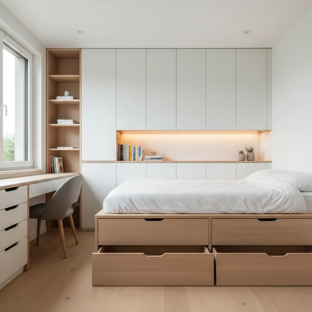 Contoh furnitur built-in pada rumah kecil untuk menghemat ruang