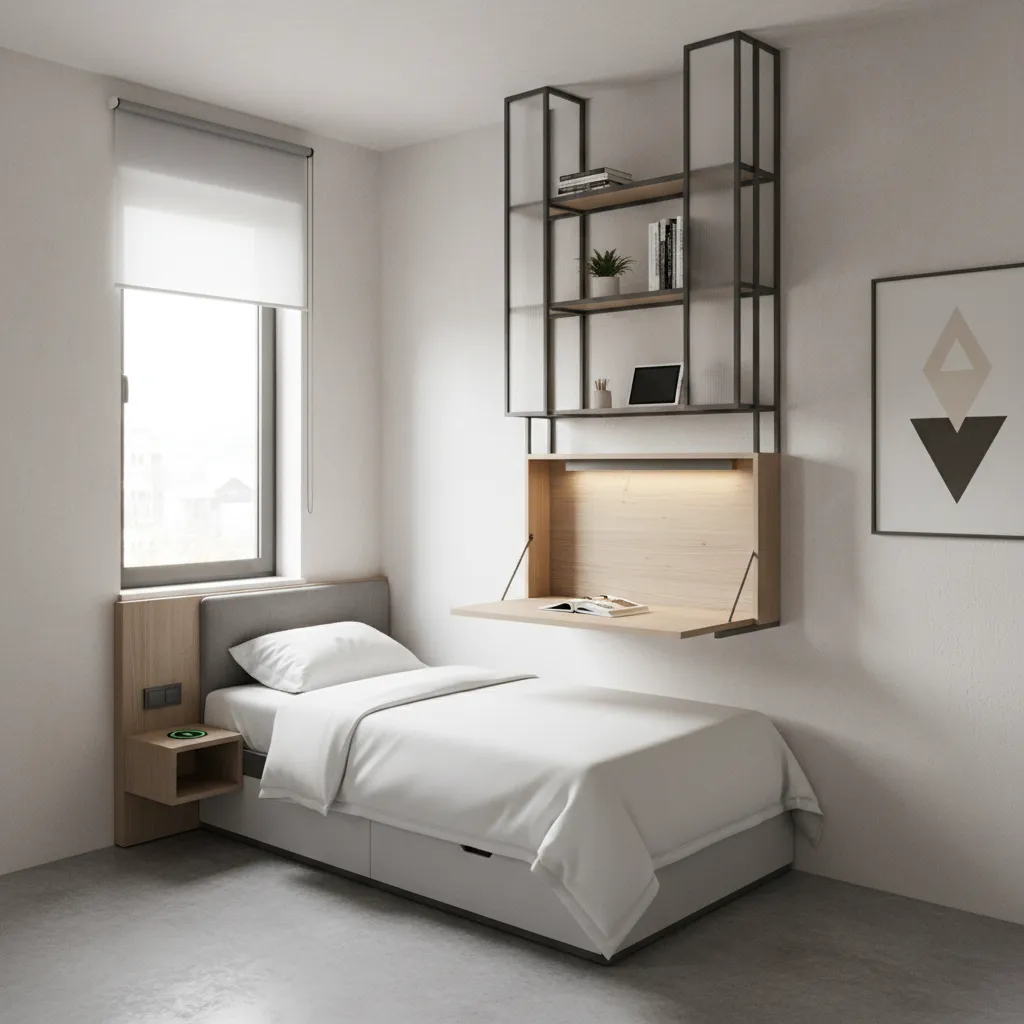 Modern small bedroom with a single bed and a wall mounted fold down wooden desk
