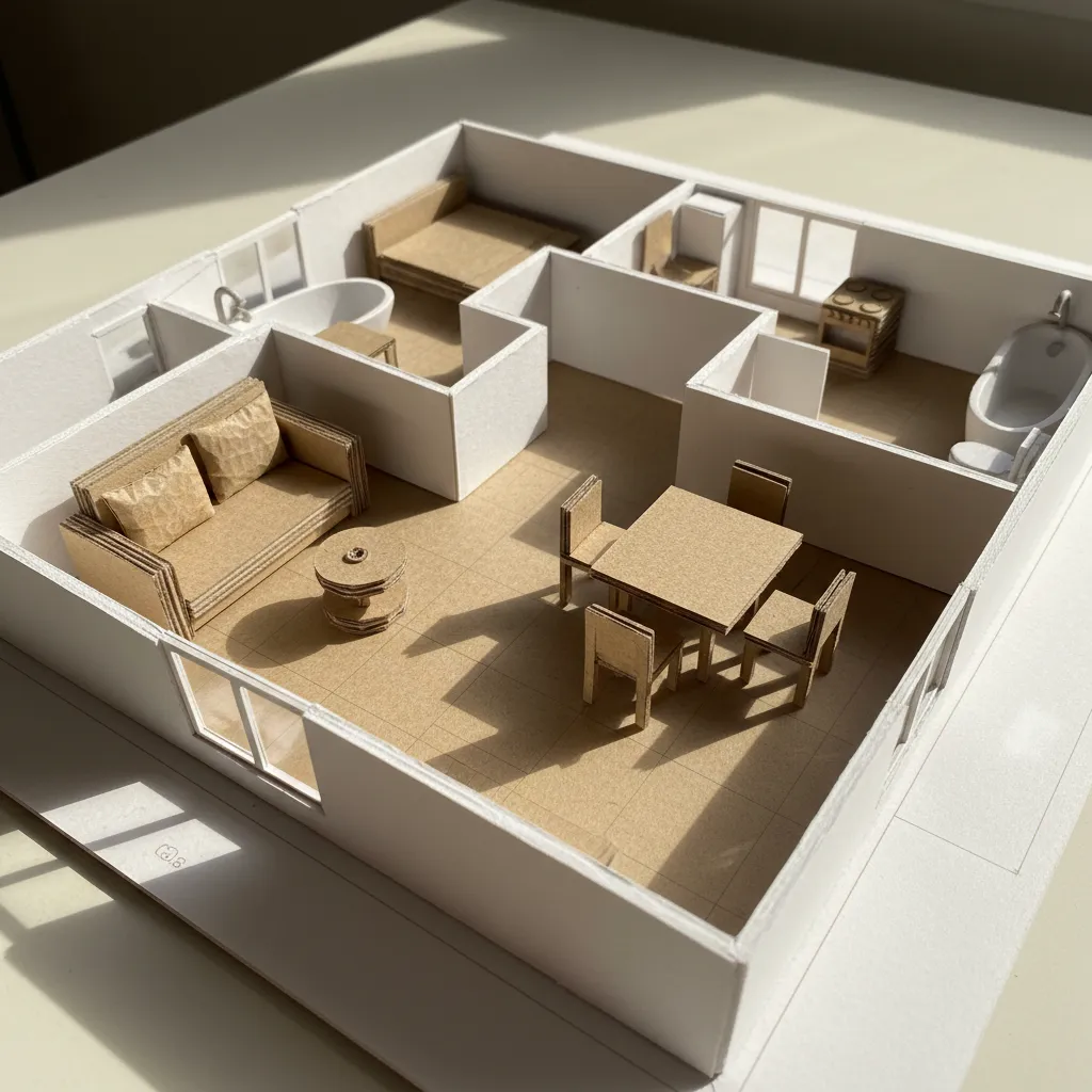 Furnitur mini dari kardus dalam model denah rumah