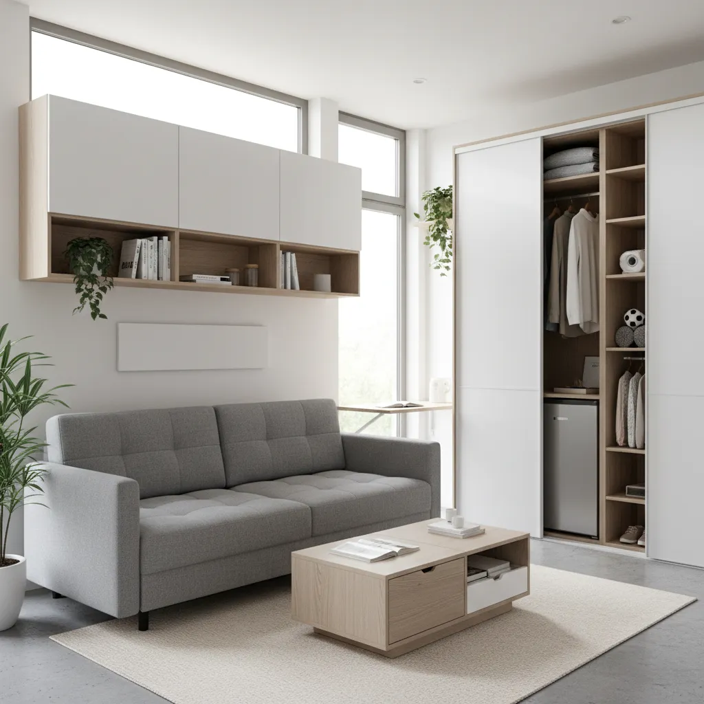 Interior rumah kecil dengan furnitur multifungsi
