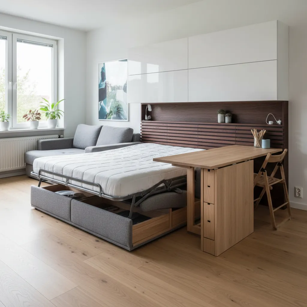 Small bedroom showing a sofa bed with grey mattress wooden folding desk and white cabinet