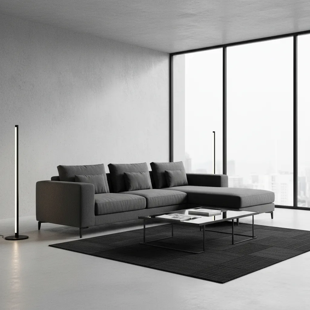Furnitur minimalis hitam abu dalam ruang monokrom modern