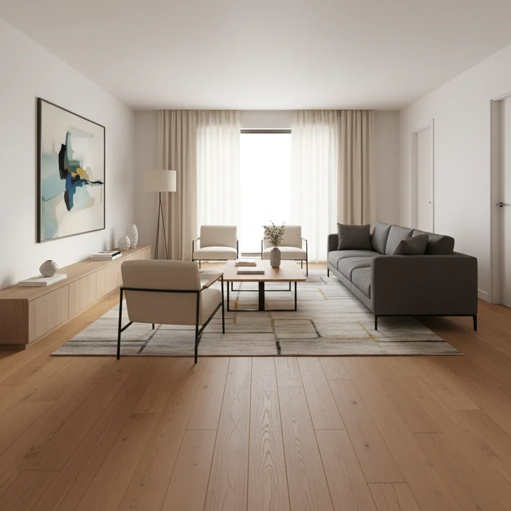 sofa and furniture aligned with hardwood plank direction reinforcing room flow