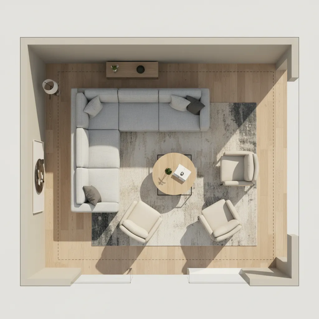 digital layout showing anchor furniture placement in a living room