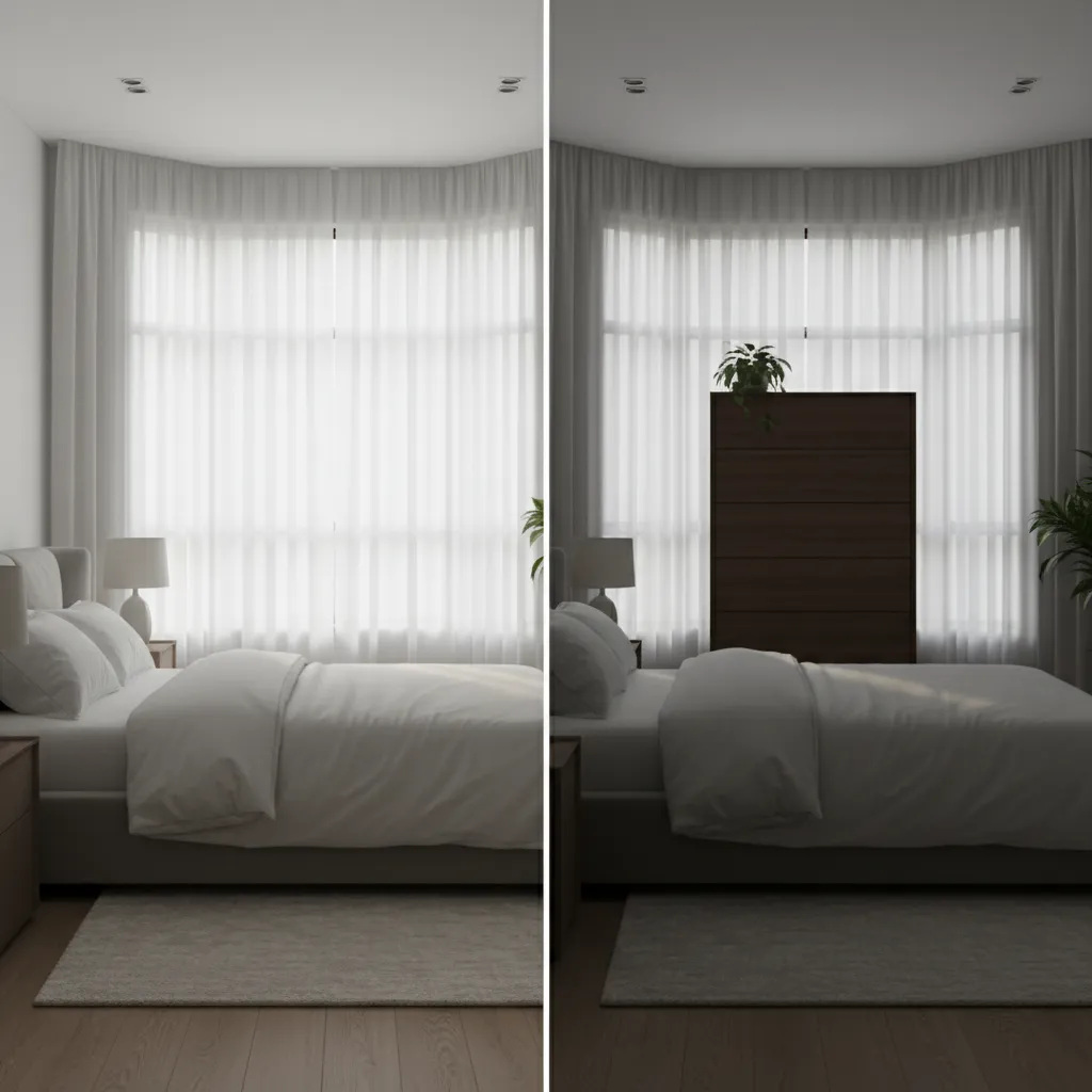 Example of tall dresser blocking daylight from a bay window