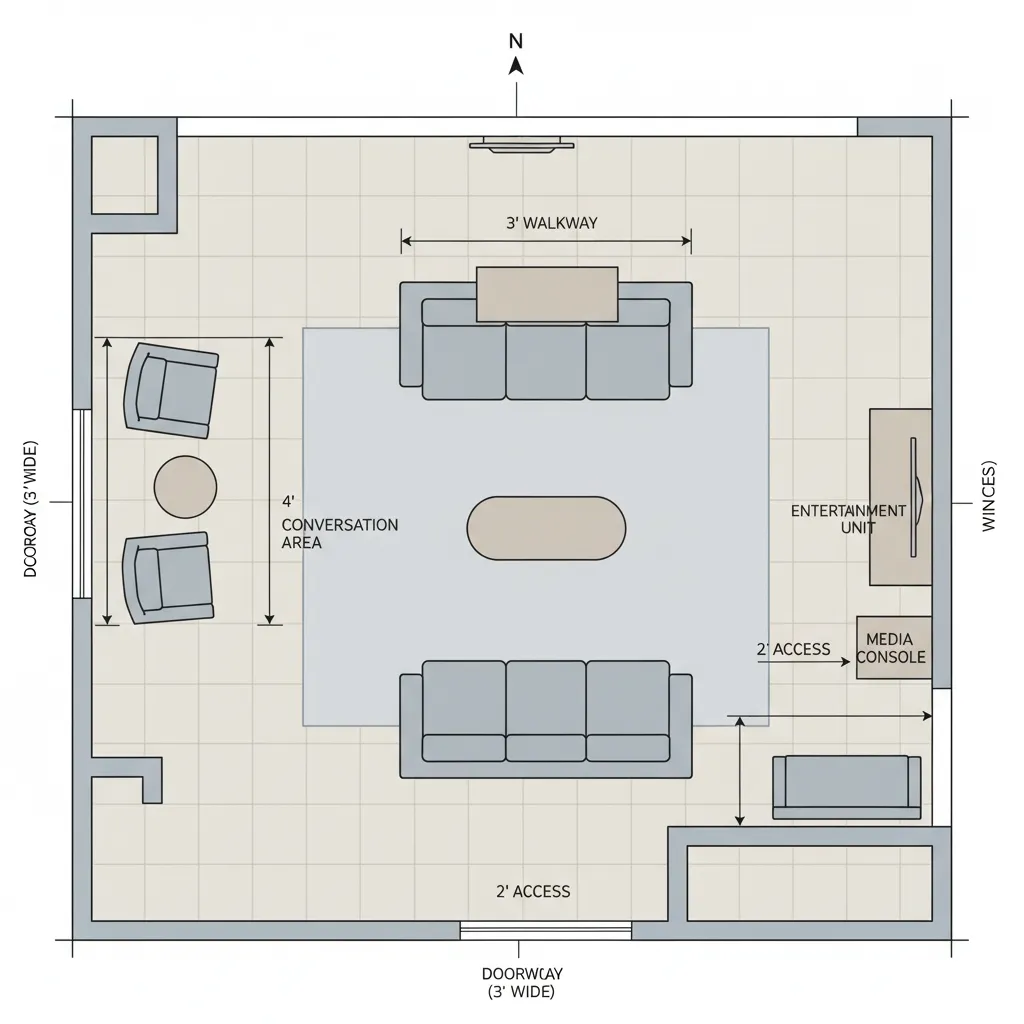 diagram showing furniture spacing and walkway clearance in living room layout
