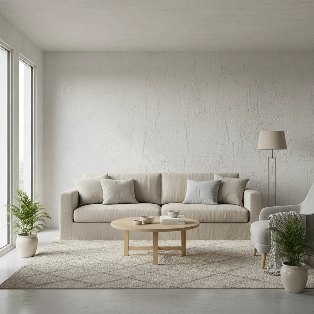 Neutral furniture and wood tones paired with whitewashed living room walls