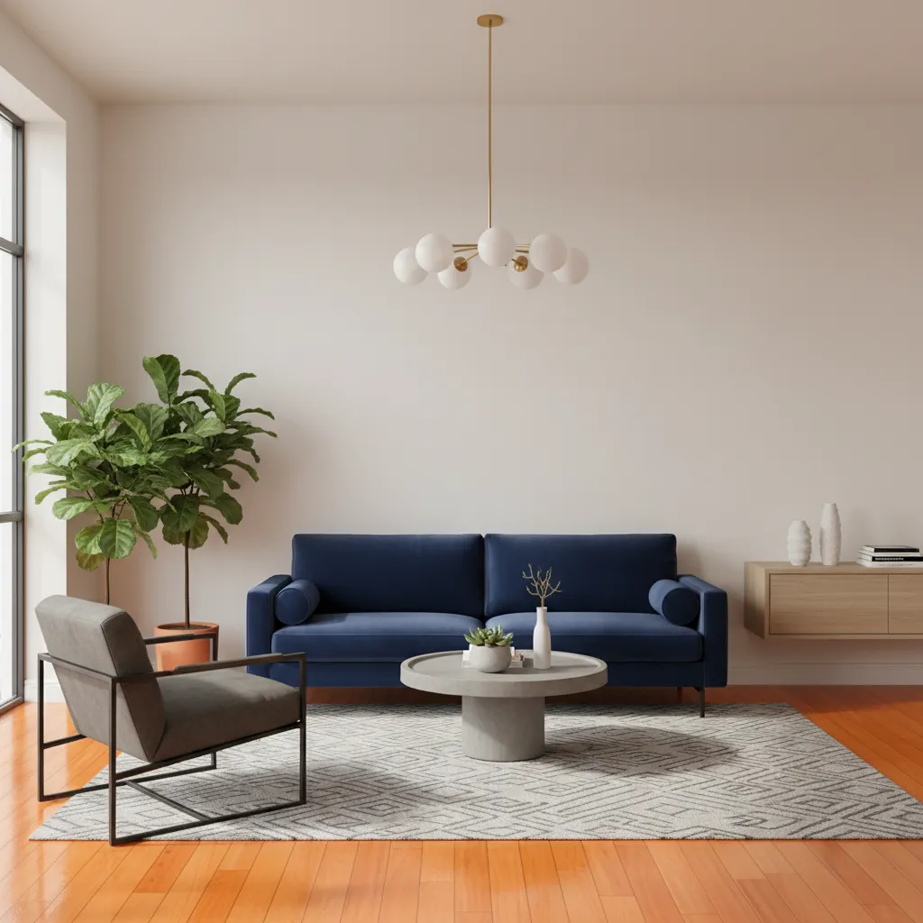 Living room showing cool toned furniture balancing orange hardwood flooring
