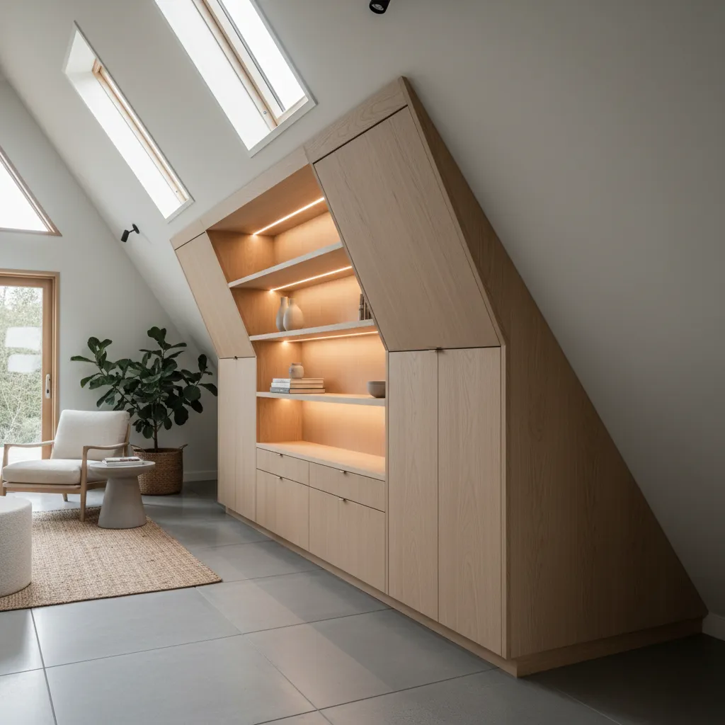 Lemari built in mengikuti sudut rumah segitiga