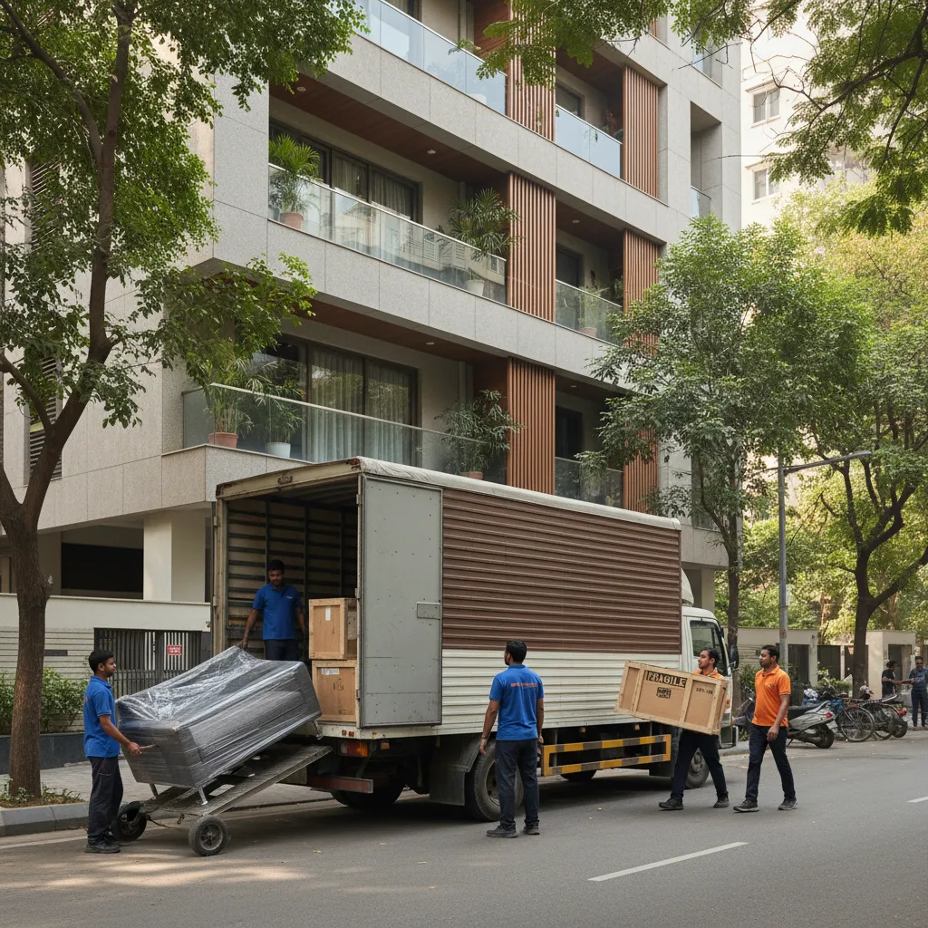 Large furniture delivery truck unloading packaged designer furniture at a residential building