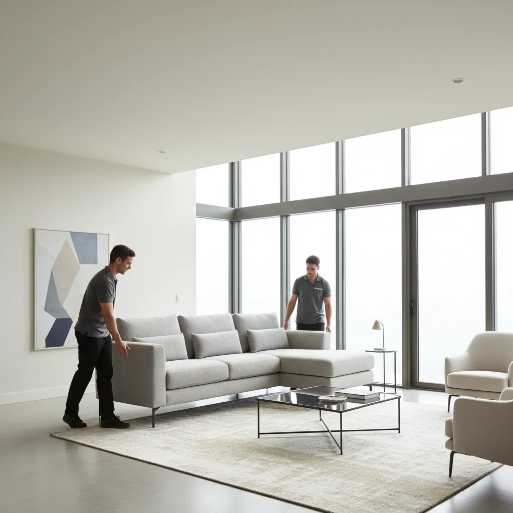 delivery team bringing a sofa into a modern home interior