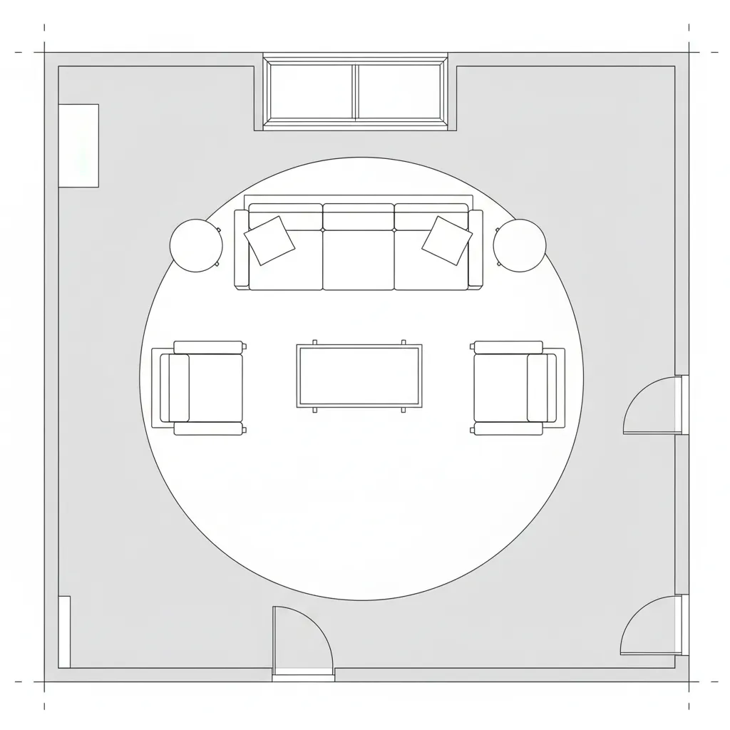 2D living room furniture arrangement layout on architectural floor plan