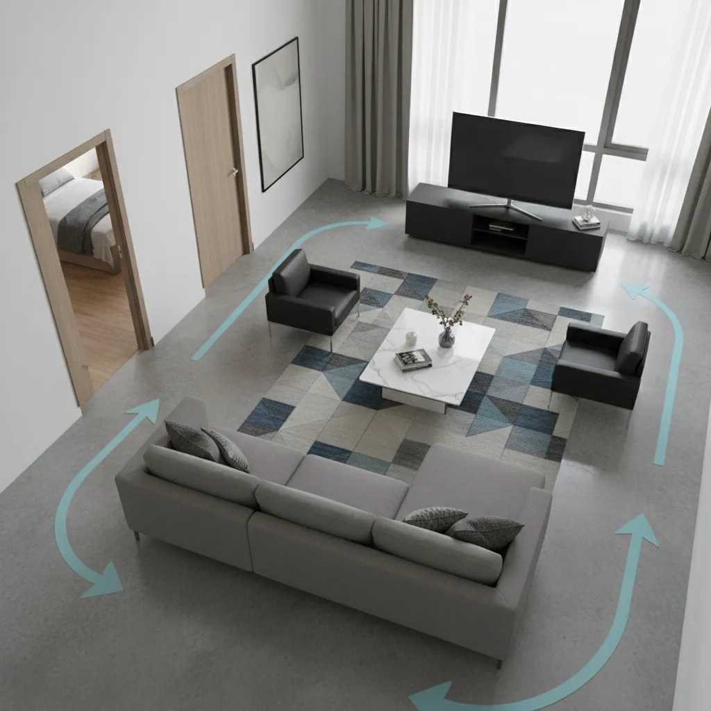 3D floor plan showing furniture placement and walking paths