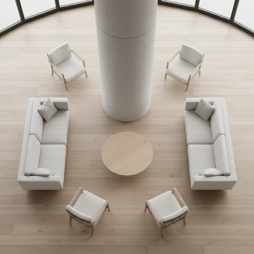 Furniture layout diagram showing seating arranged around a structural pillar