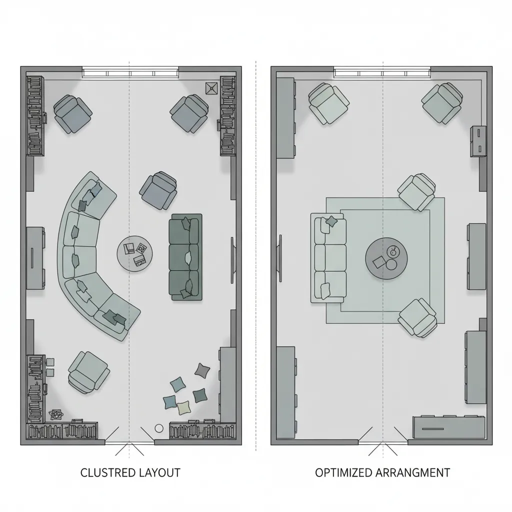 Comparison of cluttered room layout and optimized floor plan arrangement