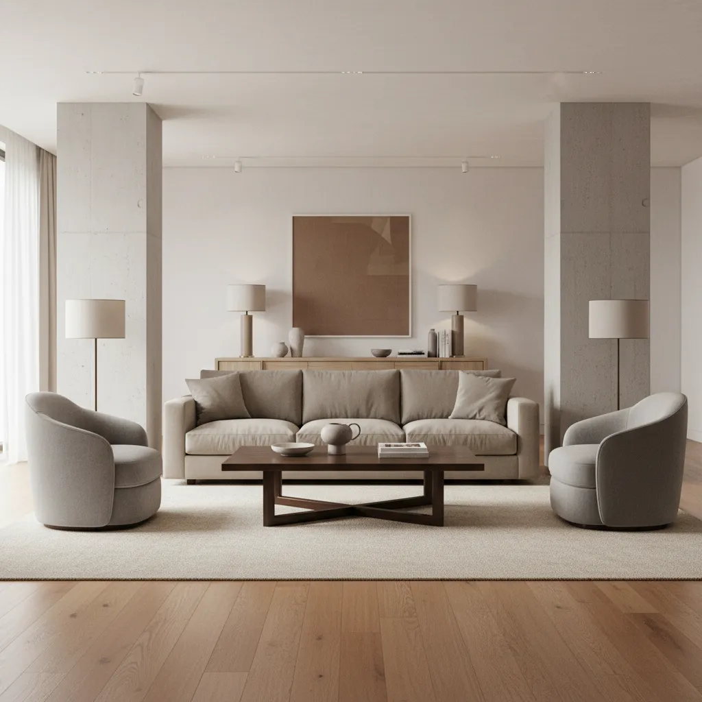 Sofa centered between two structural pillars in a balanced living room layout