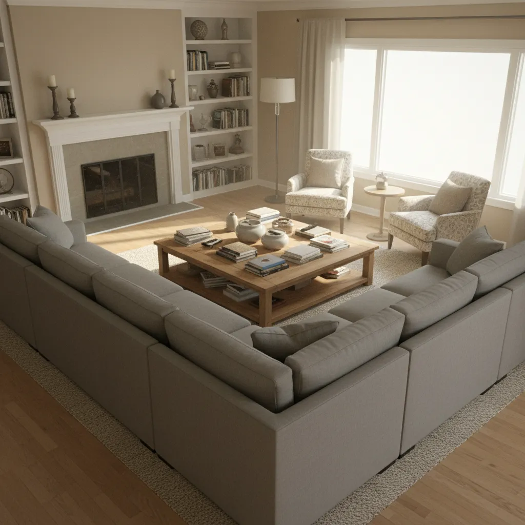 Living room furniture layout blocking natural walking path and making room feel small