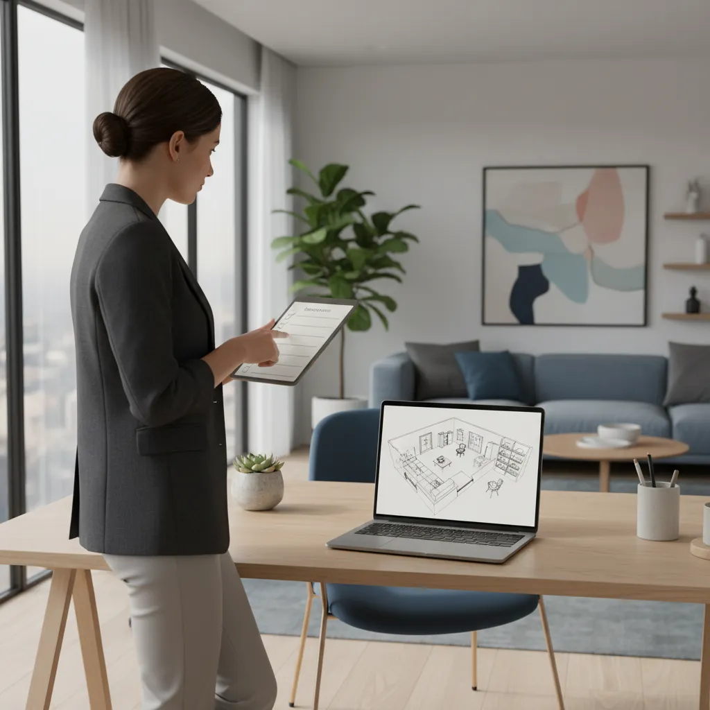 designer reviewing a digital furniture layout checklist next to a 3D room plan