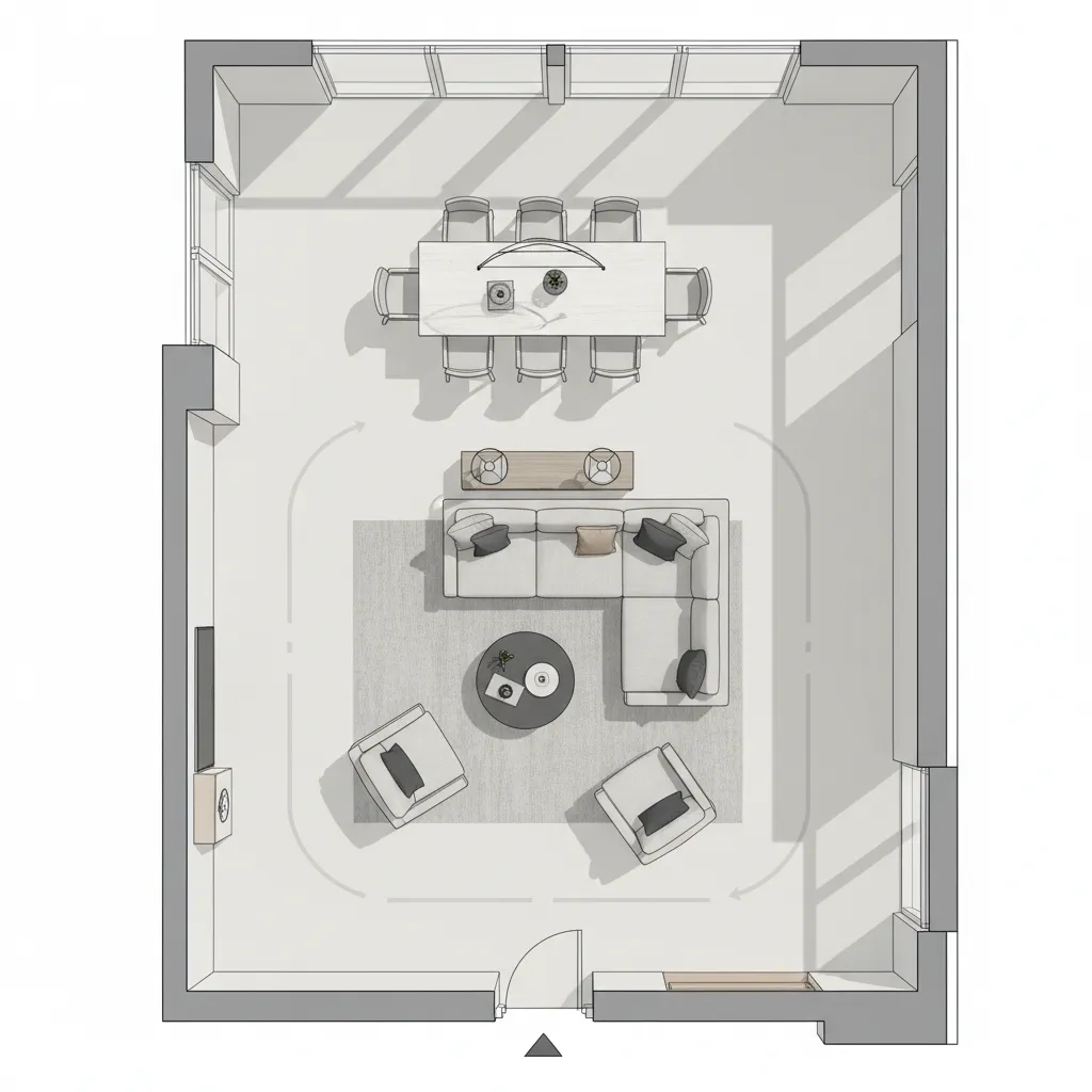 Living room floor plan showing furniture placement and walking circulation space
