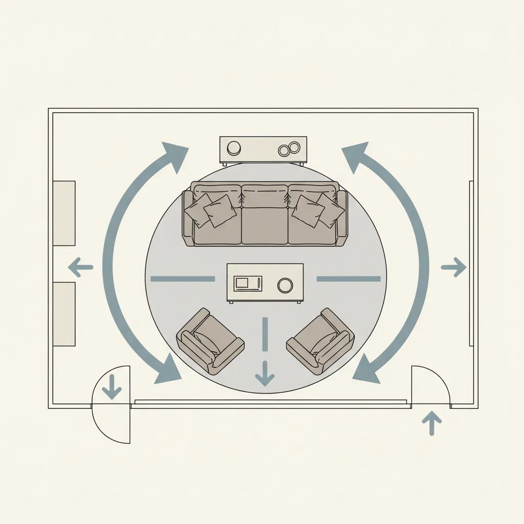 diagram showing walking circulation space around furniture layout in living room