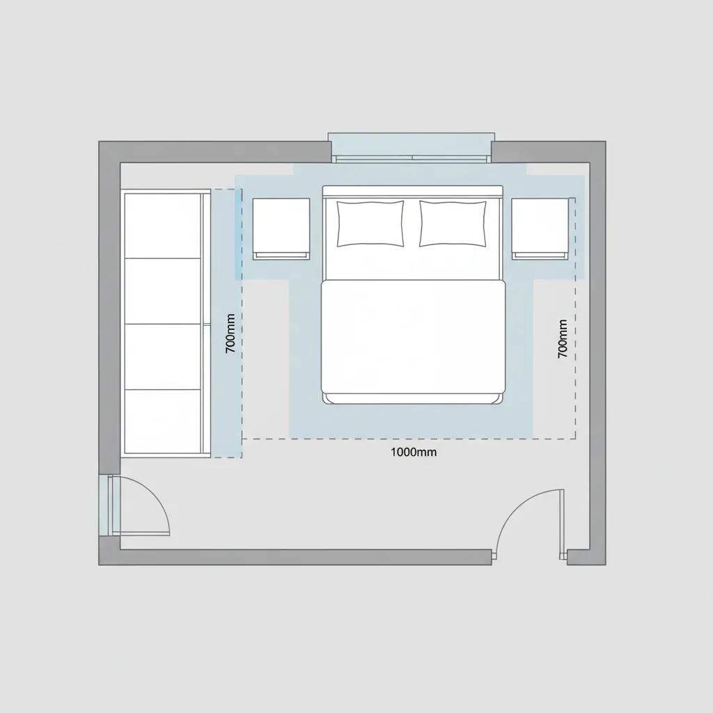 Diagram showing walking clearance around bed and furniture in a bedroom layout