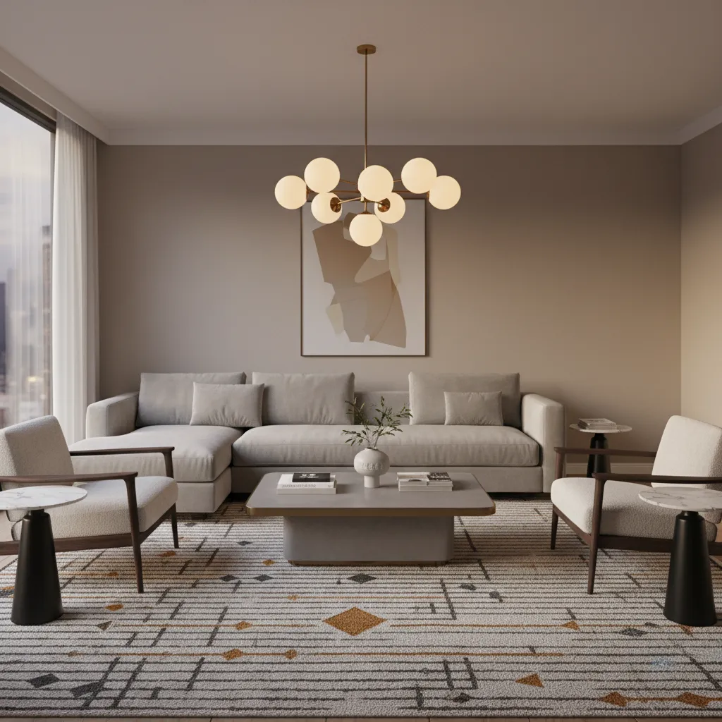 balanced living room furniture layout anchored by large rug and central seating area