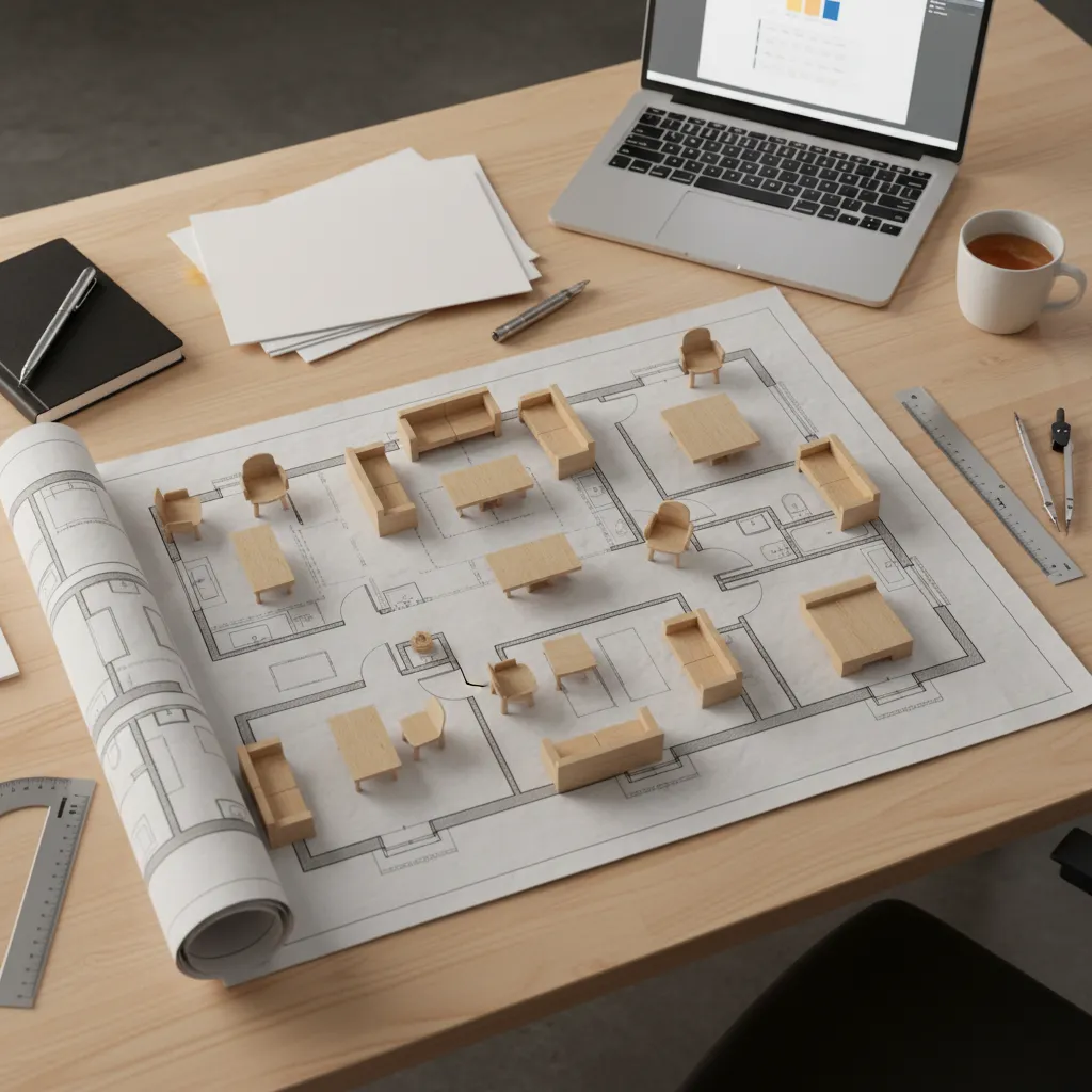 Interior designer planning furniture layout with floor plan and furniture blocks