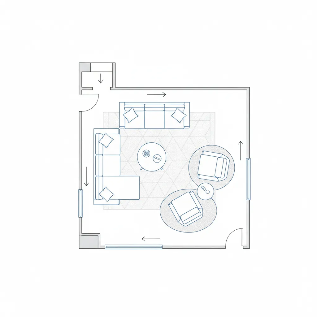 2D floor plan showing furniture placement and circulation pathways in a living room layout