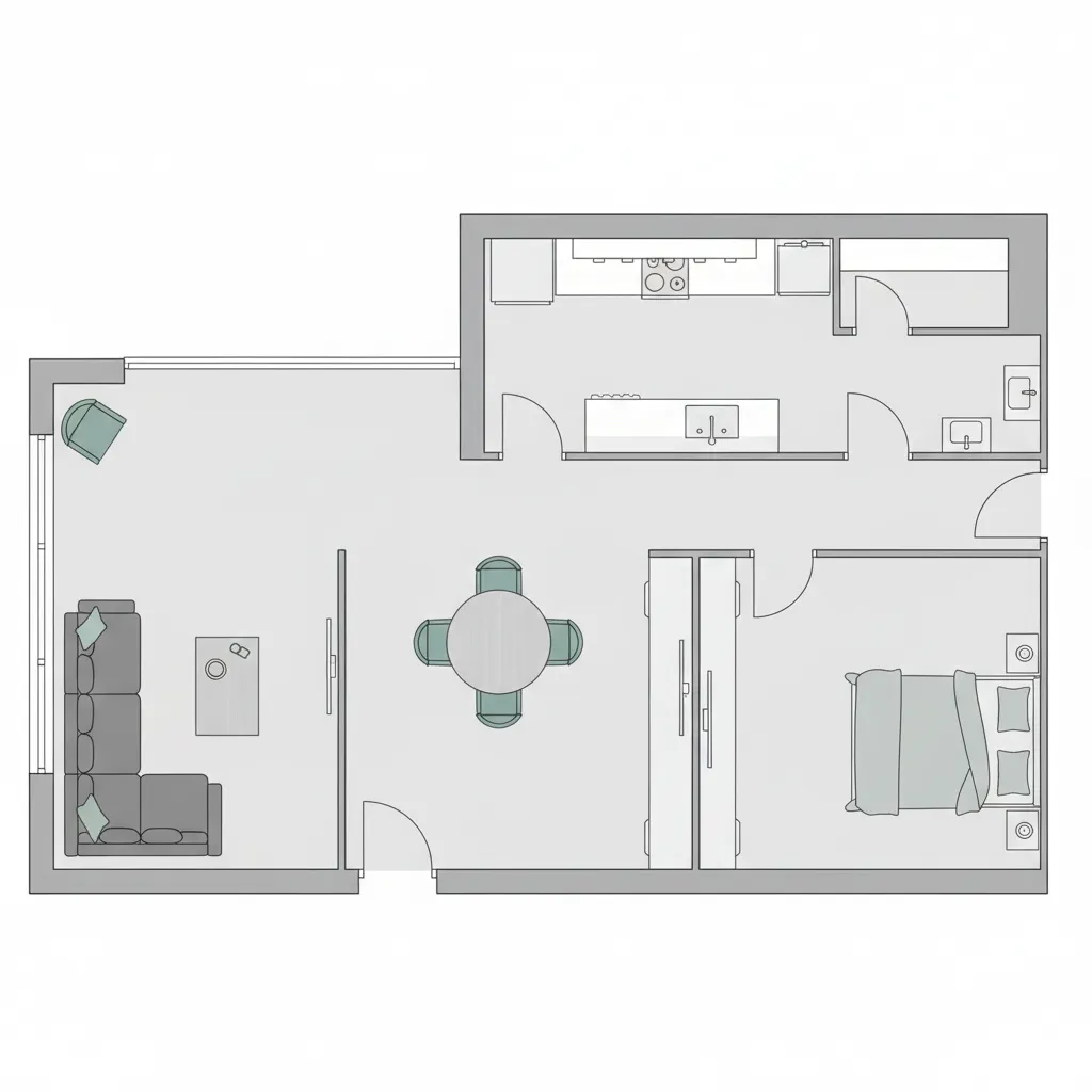 Interior furniture arrangement layout within a small apartment floor plan