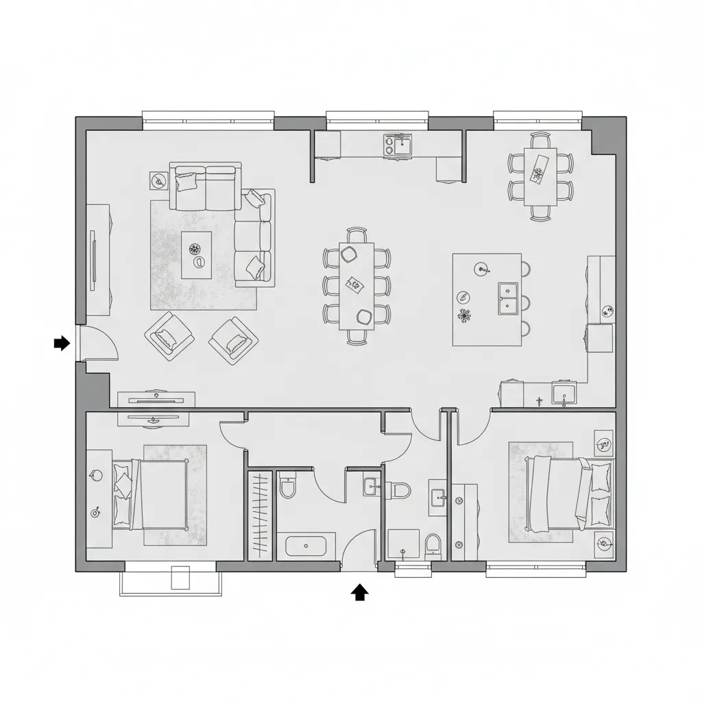 House floor plan with furniture placement showing room proportions