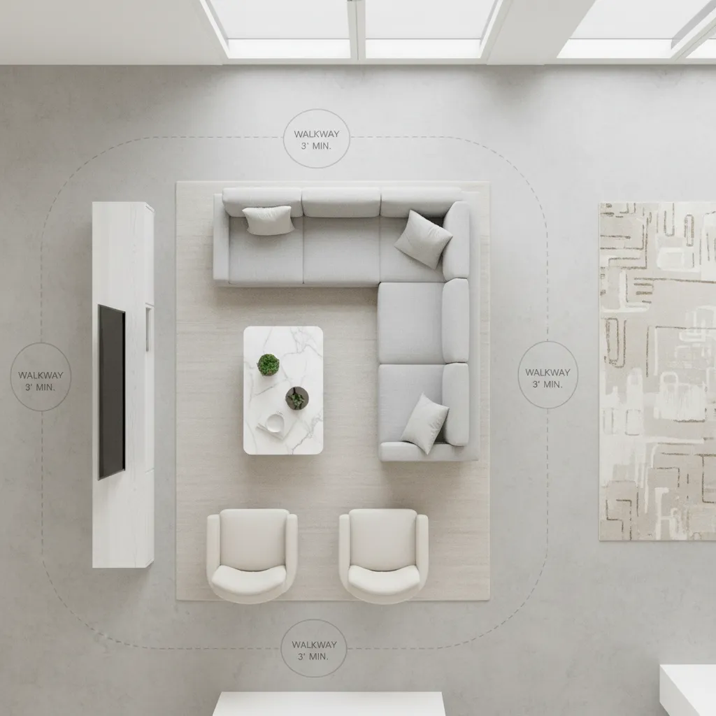 Top view interior layout showing sofa placement and walking clearance measurements