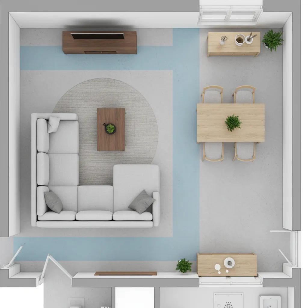 Floor plan showing furniture placement and walking paths in a living room layout