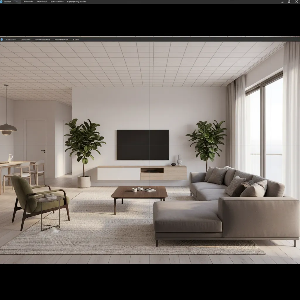 Interior design software displaying modern living room with grey sofa wooden coffee table and green plants