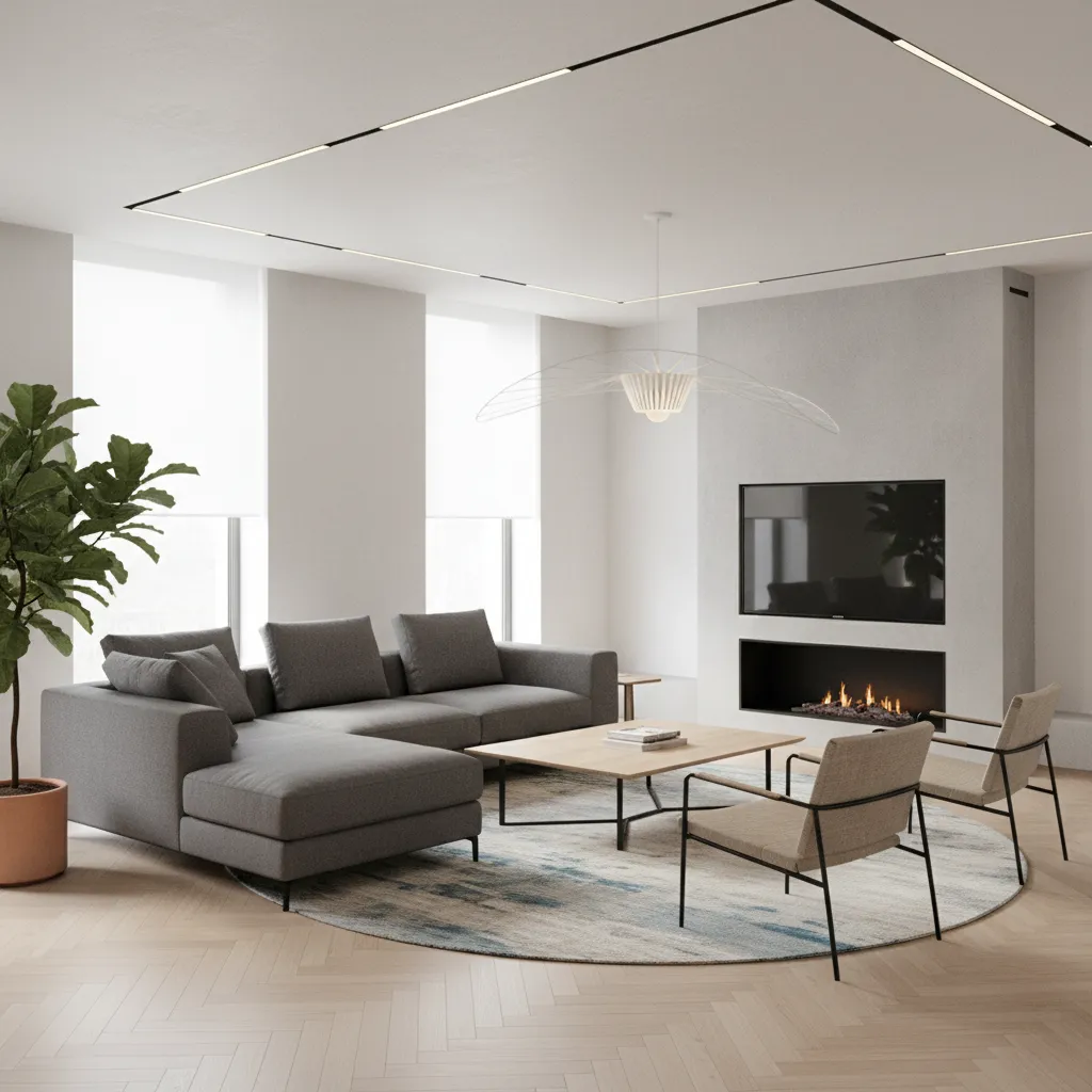 Modern living room with grey sofa, wooden table, two chairs, fireplace, TV, and ceiling light