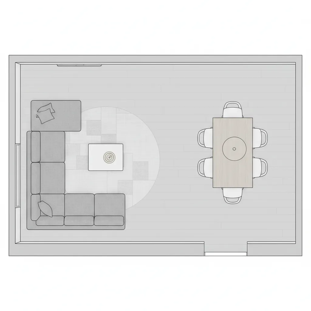2D floor plan showing furniture placement for living room and dining area