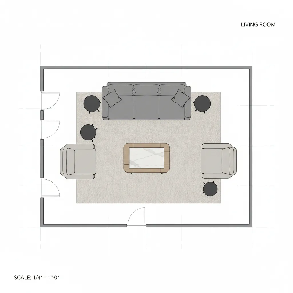 Living room furniture arrangement shown in a digital floor planning layout