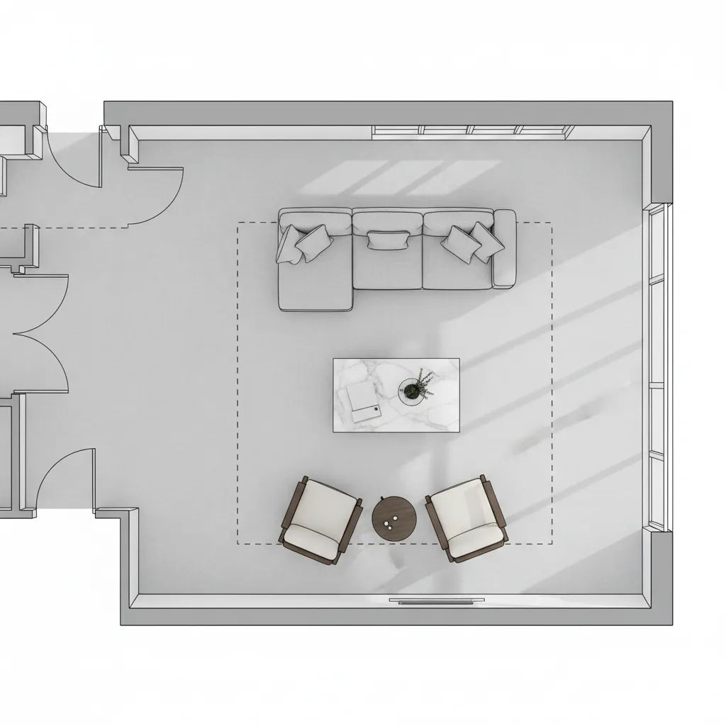 living room floor plan with furniture placement and spacing