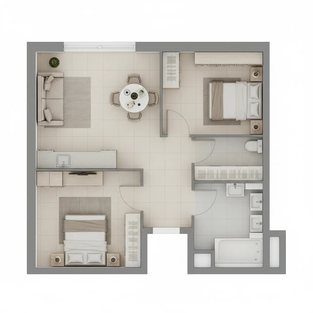 Furniture layout planning inside a digital floor plan creator showing sofa bed and dining area